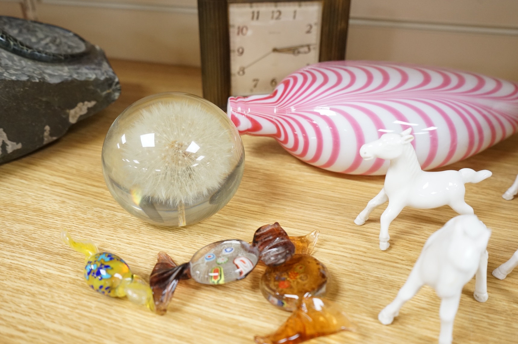 Sundry items and collectables to include a pair of glass vases, timepiece and Chinese figure